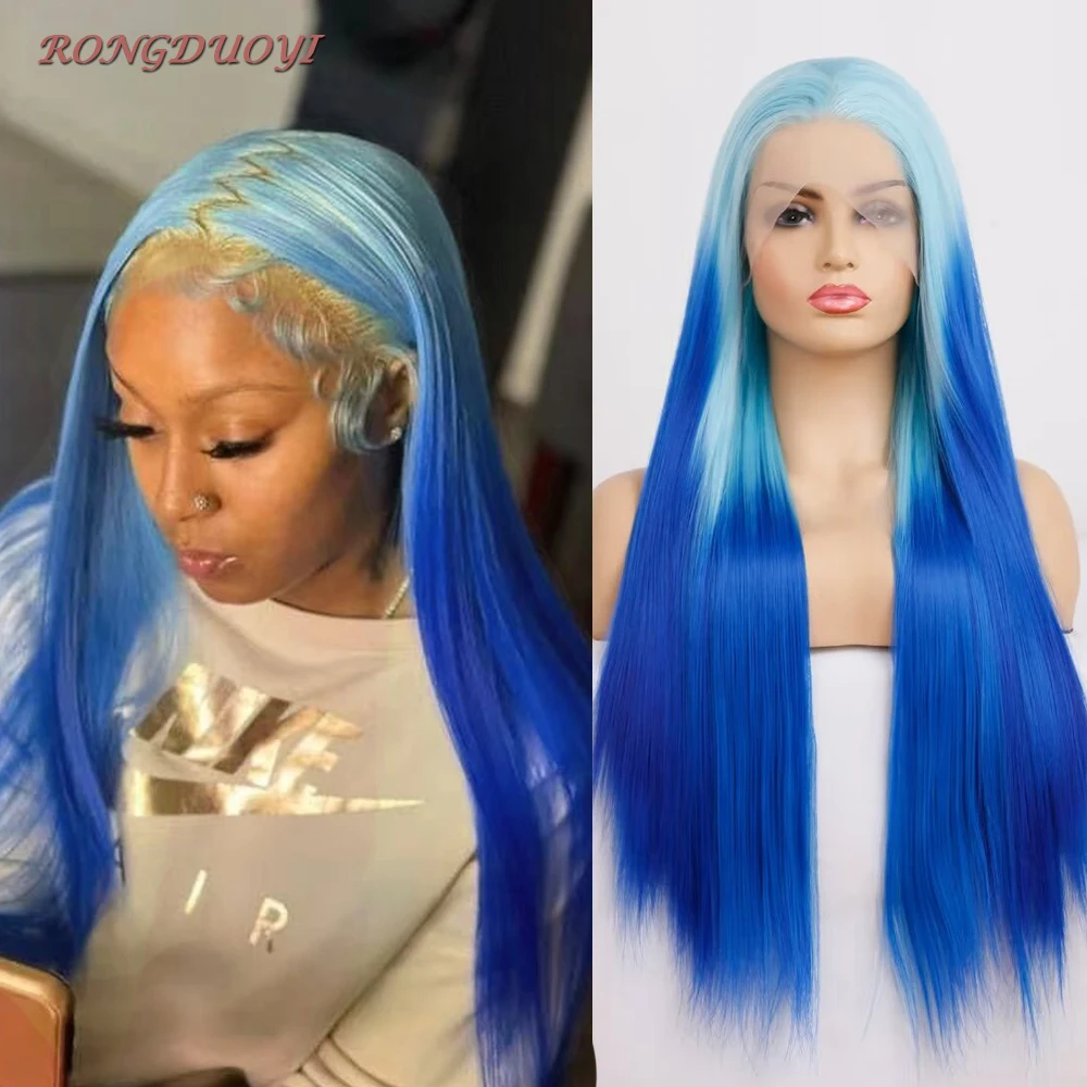 

RONGDUOYI Long Straight Wig Ombre Blue Lace Middle Part Natural Hairline Frontal Lace Wigs For Women Daily Used Swiss Lace