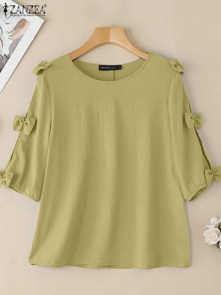 

ZANZEA Fashion Bow Blouse Tops 2025 Women Elegant Office Work Tunic Casual Loose Solid Color O Neck Half Sleeve Loose Blusas
