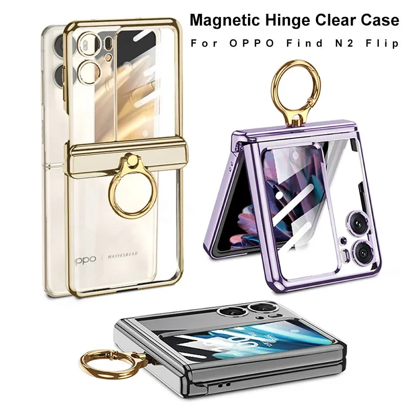 

Magnetic Hinge Ring Bracket Case For Oppo Find N2 Flip Luxury Plating Clear Outer Screen Glass Cover For Oppo Find N2 Flip Case