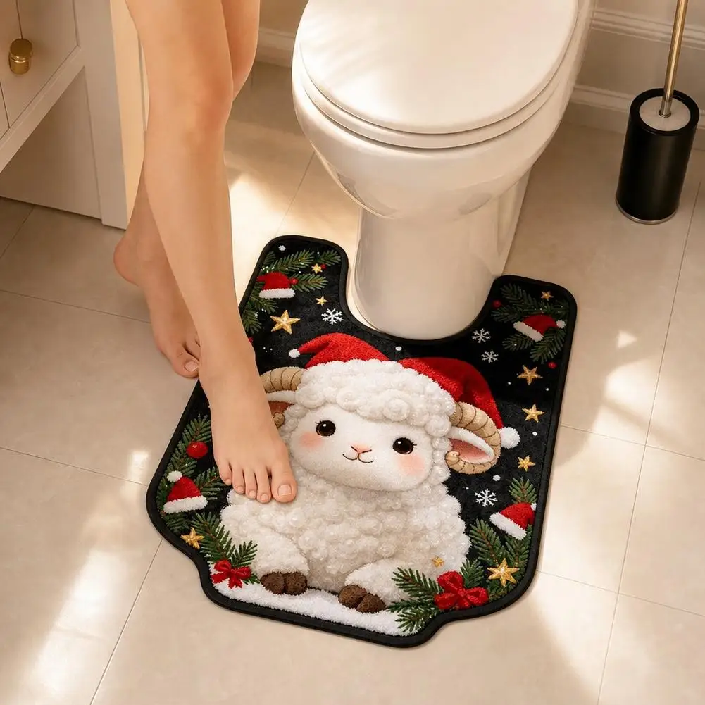 Christmas U-Shaped Diatomaceous Earth Toilet MatUltra-Thin Non-Slip Absorbent Bath Rug with Festive Holiday Design for Guest