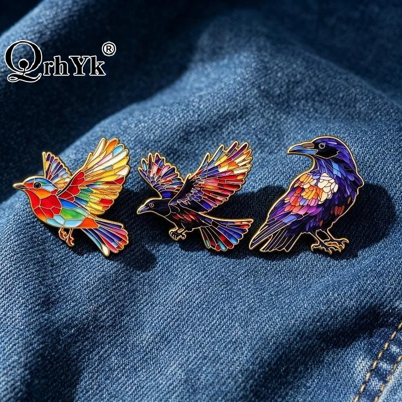 Colorful Enamel Raven Brooch Stained Glass Inspired Design Sturdy Alloy Base For Jackets Backpacks Gothic Jewelry Lovers