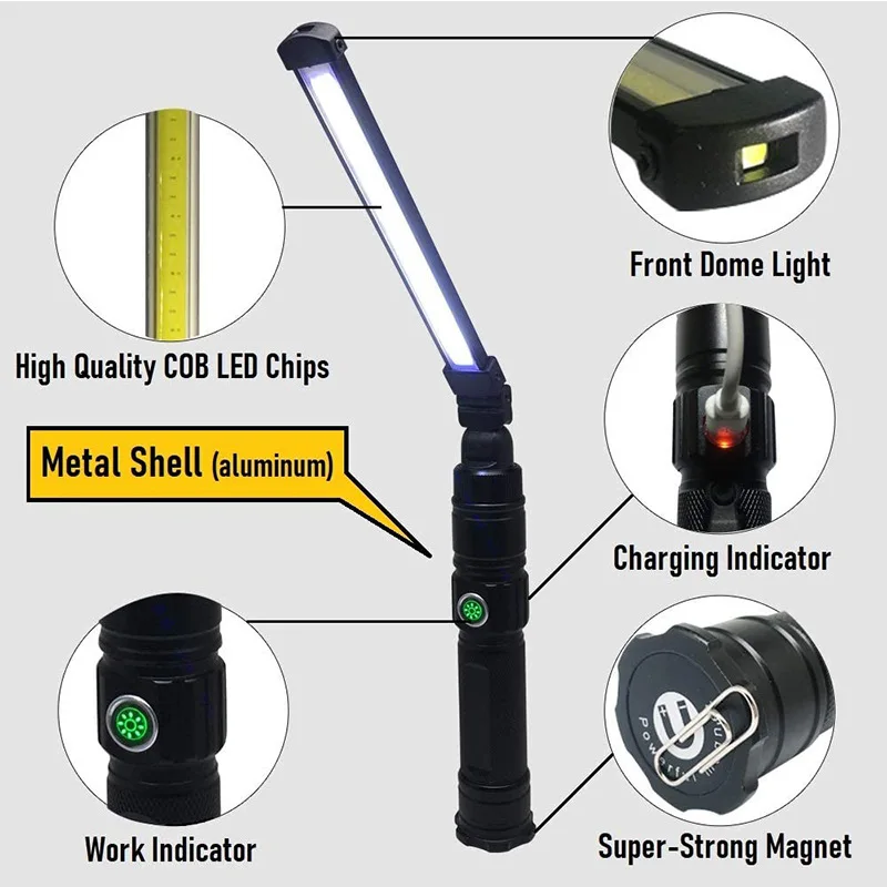 New COB LED Flashlight Magnetic Work Light USB Rechargeable Torch Hook Portable Lantern Inspection Light Camping Car Repair Lamp