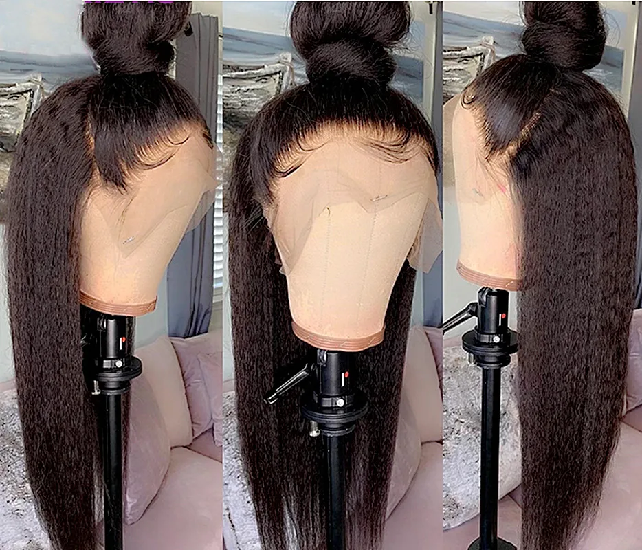 Long Natural Black Soft 28 inch 200% Density Yaki Kinky Straight Lace Front Wig For Women With Baby Hair Preplucked Glueless