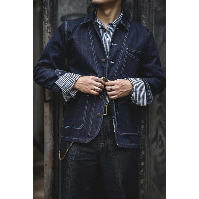 Amekaji Vintage Denim Jacket Men Lapel Multi-pocket Striped Workwear Tooling Jacket Spring Autumn New Primary Color Denim Coat