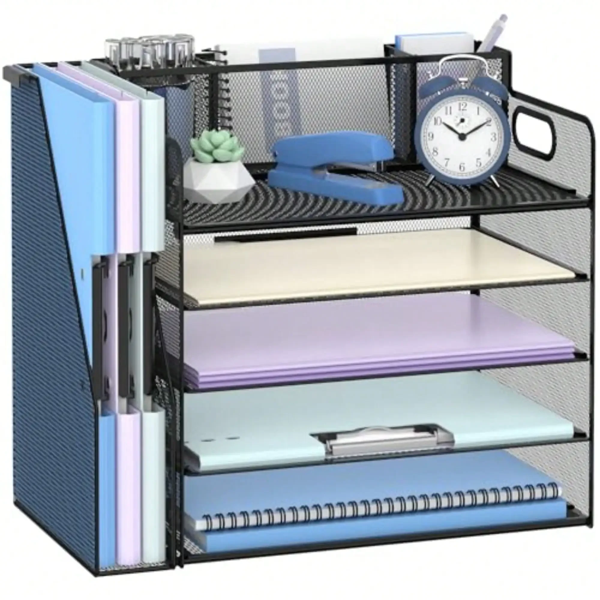 

Desk Organizer With File Holder, 5 Tier Desktop File Organizer With 3 Pen Holders, Paper Letter Tray For Office Home Org