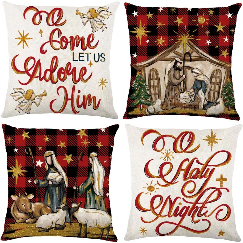 

4 Christmas pillowcases 18x18in Jesus Buffalo Grid Star Pillow Cover