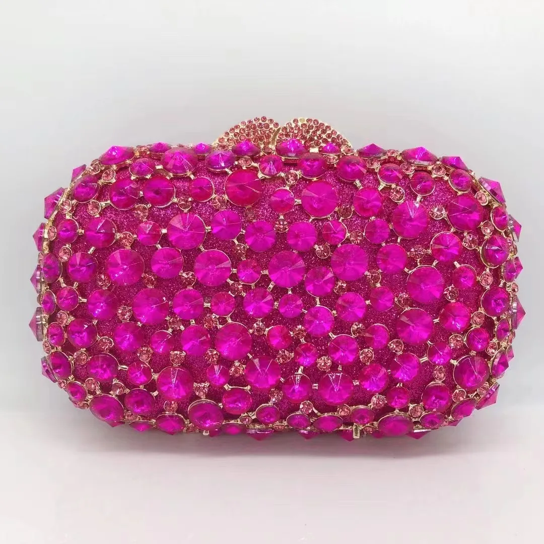 New Arrival Fuchsia Rhinestone Women Evening Bag Luxury Hot Pink Crystal Wedding Bags Bridal Clutches Lady Diamond Handbags