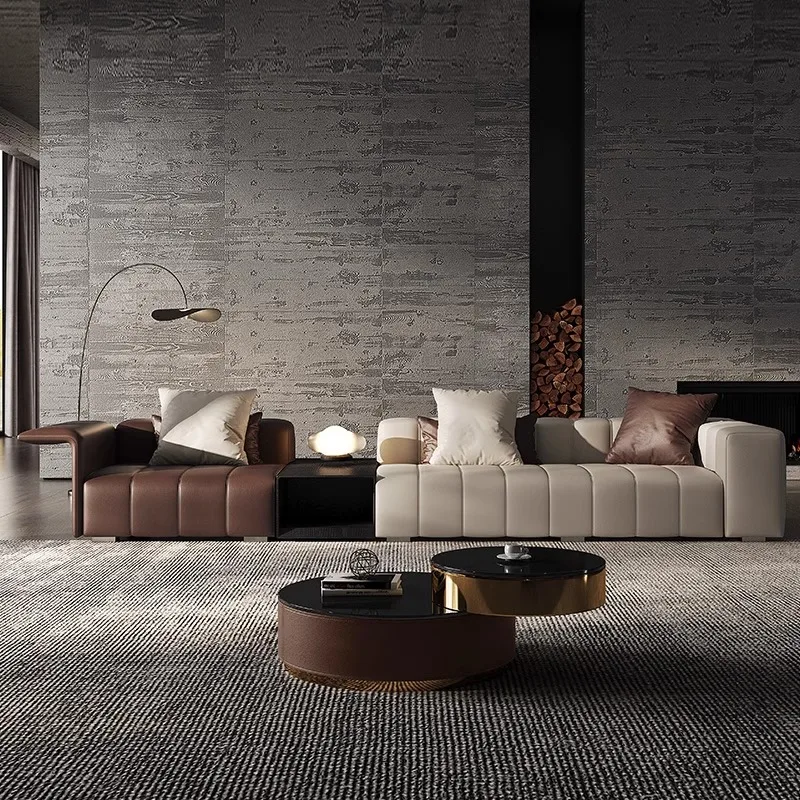 Italian Minimalist Piano Key Sofa With Leather Line Large Apartment Living Room Leather Sofa High-end Straight Row Leather Art S