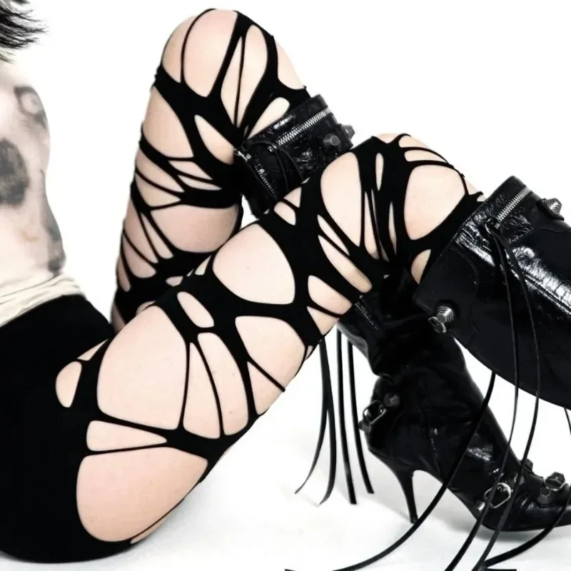 Frauen y2k sexy perforierten Strumpf Halloween Gothic Black Punk zerrissenen Riemen zerlumpten Strumpfhosen Strumpfwaren Party Oberschenkel hohe lange Socken