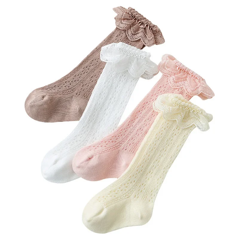 Baby Lace Princess Knee High Socks Kids Girls Boys Long Sock Cotton Mesh Breathable Children Hollow Out Socken for 0-3 Years Old