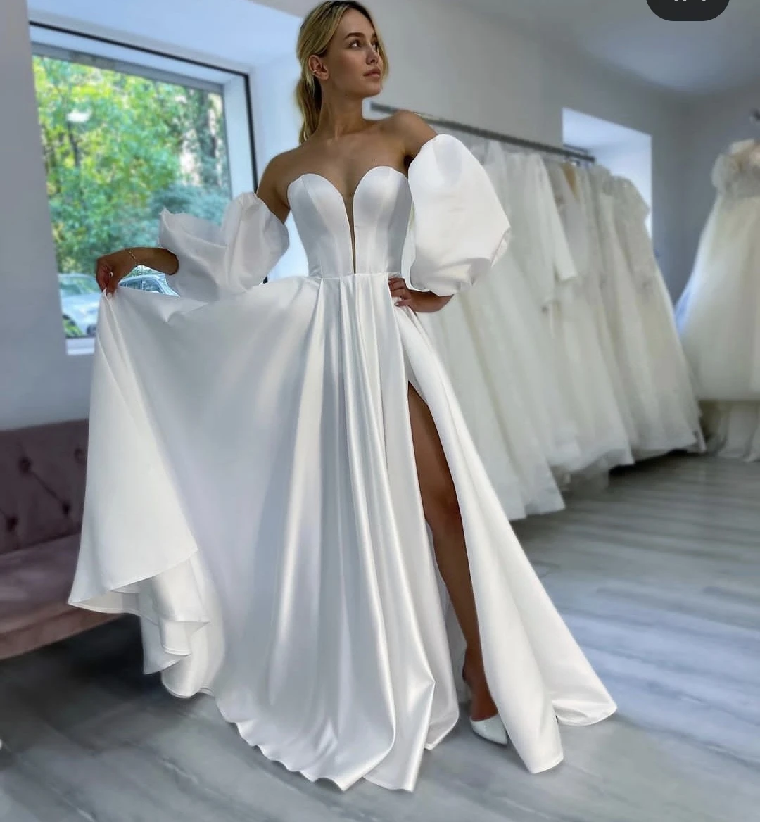 Vestido de Novia spacco laterale a-line maniche a sbuffo personalizza per misurare affascinante abito da sposa lunghezza del pavimento personalizza per le misure