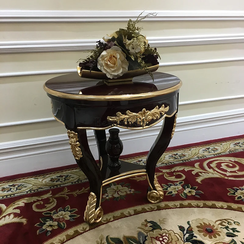 

02 French solid wood small coffee table, European luxury carved sofa edge corner for home use