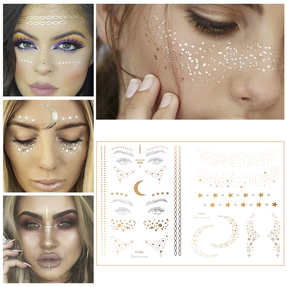 New Flash Face Tattoo Sticker Diamond Eye Makeup Waterproof Stars Choker Pattern Freckles Gold Eye Decals Bride Tribe Girl Party