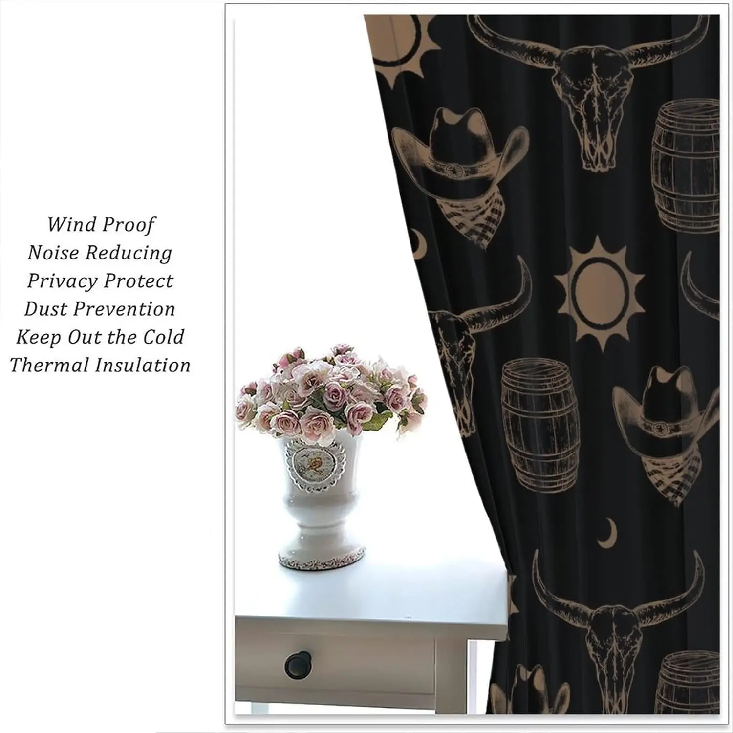 Black Western Cow Skull Hat Barrel Sun Moon Print Curtain Wild West Vintage Drape Country Window Decor Bedroom Home Use