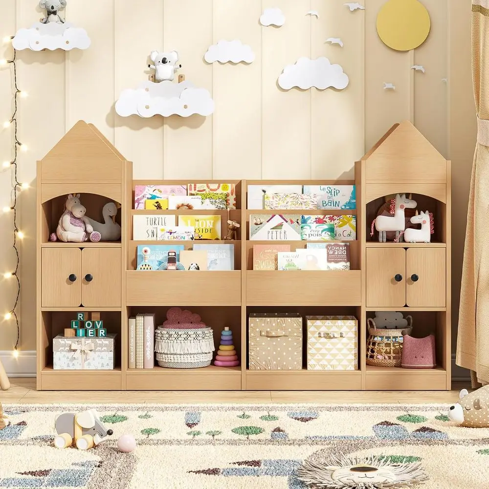 Vabches Castle Shape Children's Bookshel, Kids Bookcase Display Case Kids Toy Storage Organizer Multiunctional Storage Cabinet B