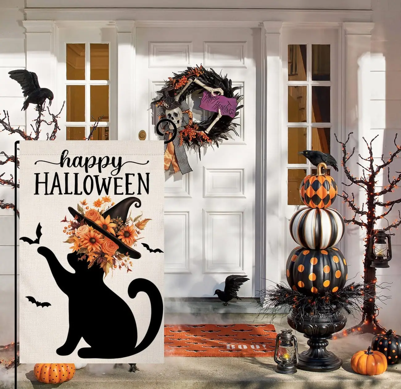 BLKWHT Happy Halloween Cat Garden Flag 12x18 Vertical Double Sided Orange Flowers Fall Holiday Outside Decorations Burlap Yard F