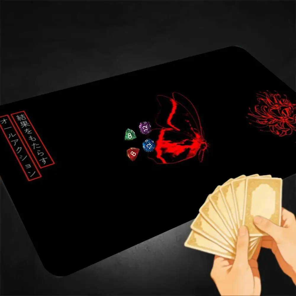 Red Glowing Butterfly TCG Playmat Red Spider Lily Lycoris Japanese Kanji Text Black Minimal Background Non‑Slip Desk Mat
