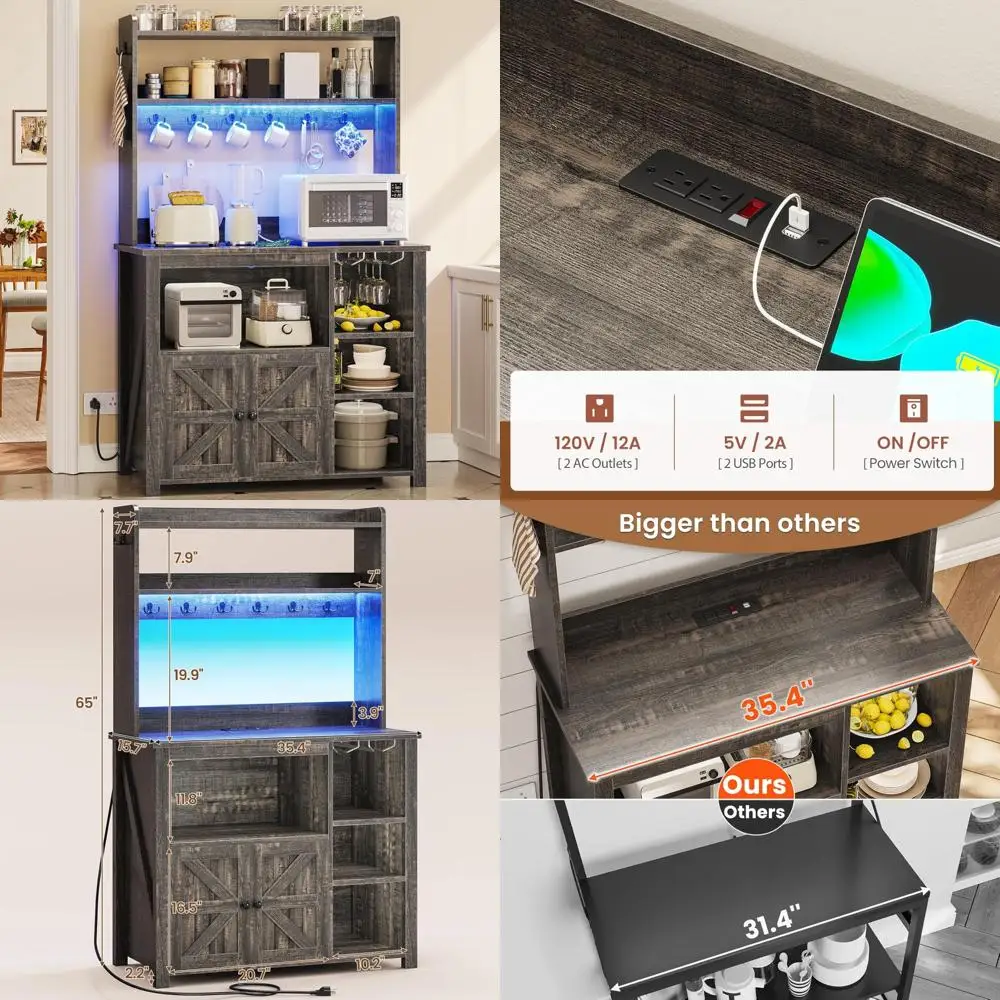 

Farmhouse Style Kitchen Cabinet with Microwave Stand, Baker's Rack, Storage, and Power Outlet for LED Lighting