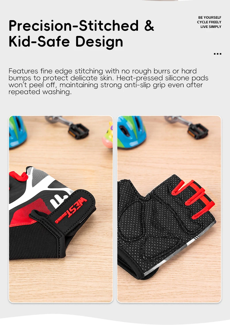 WEST BIKING Fahrradhandschuhe für Jungen, halbe Finger, stoßdämpfend, rutschfest, mit Silikonpolster, Fahrradausrüstung für Mädchen, Sommer-Sporthandschuhe – Detail 11
