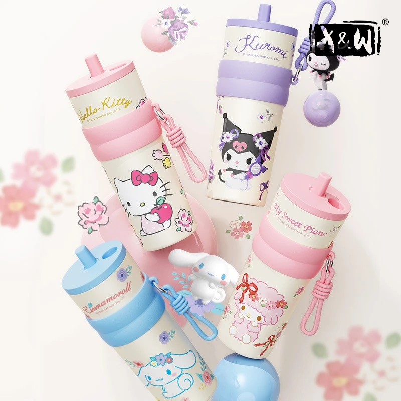 X&W for Sanrio Insulated Bottle 316 Stainless Steel Vacuum Flask Cartoon Hello Kitty Juice Drink Straw Cup with Carrying Rope