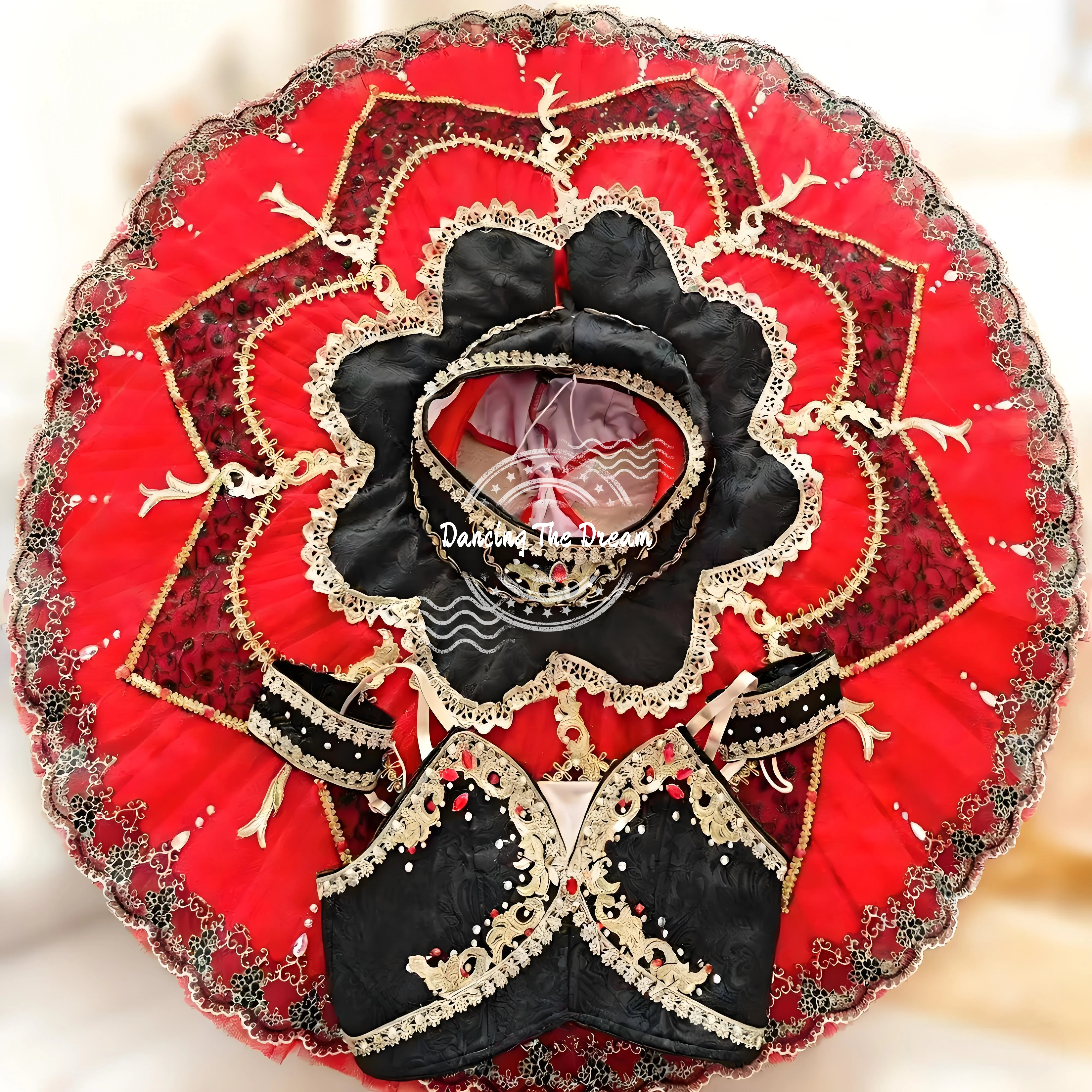 Costume da spettacolo decorato con abito tutù da balletto rosso e nero da donna