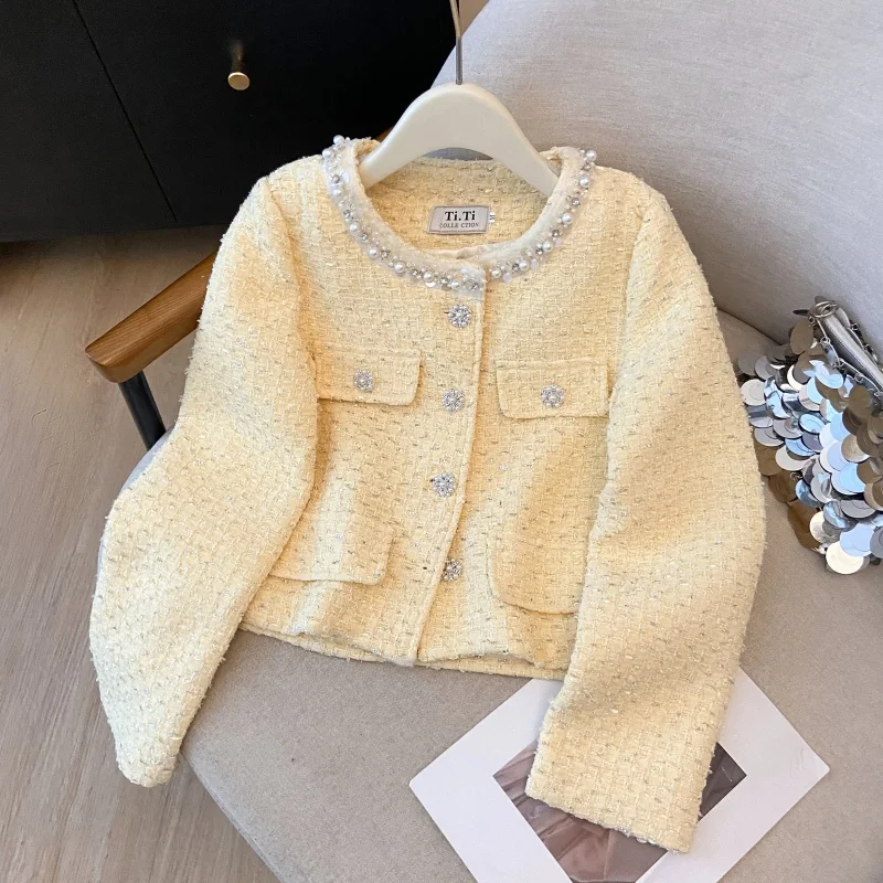 

Women's Autumn Winter Elegant Pearls O Neck Long Sleeve Short Tweed Jacket Lady French Style Loose Tweed Outwear Top