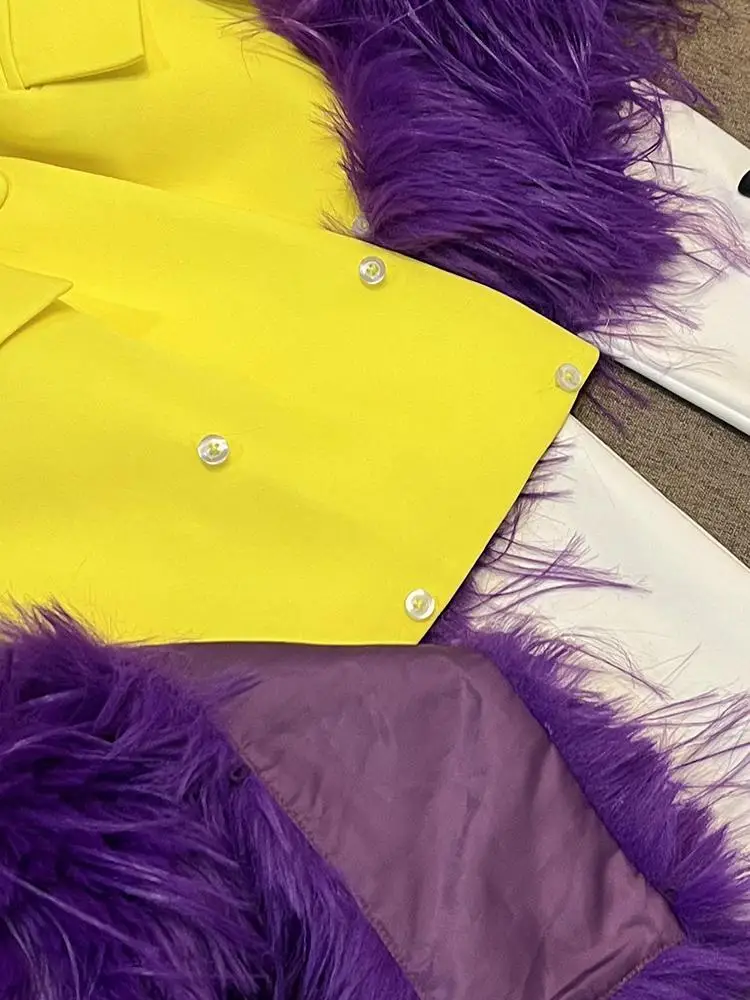 Faionable Women's Autumn Winter Suit Jaet Removable Feather Trim Commute Sle Long Sve Double Button Pure Color