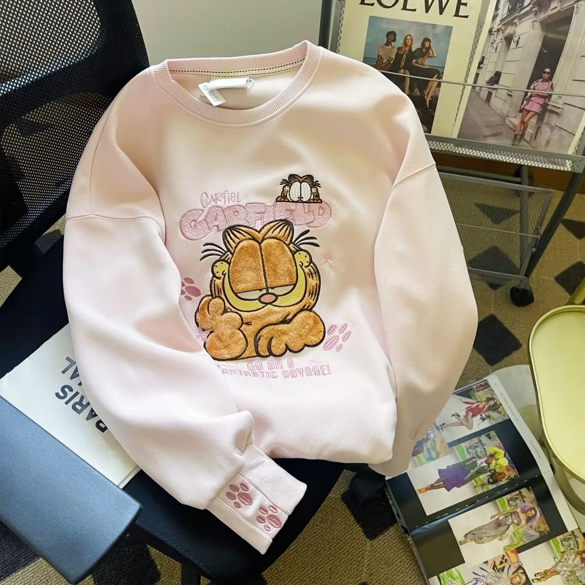 Cartoon Garfielded Sweatshirt Embroidery Garfielded Long Sleeve Pink Pullover for Women Girls Loose Oversized Tees Vintage Tops