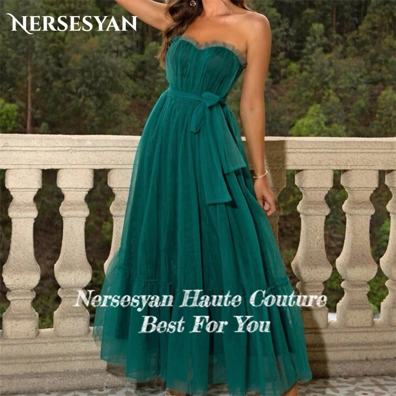 Nersesyan Sexy Green Belted Sleevelesss Tulle Party Dresses Ruffles A Line Draped Evening Gowns Ankle-Length Pleats Prom Gown