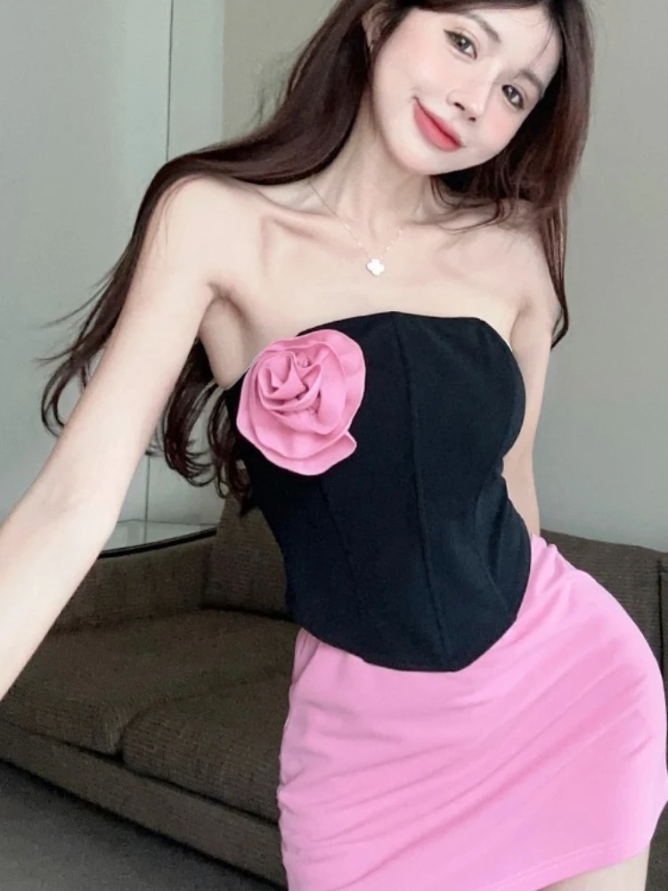 

2025 American style waist cinched strapless vest+fashionable high waisted skirt design sense women summer two piece set