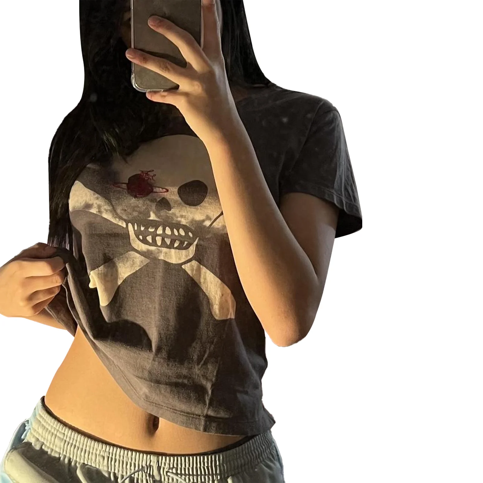 Gothic Women Short Embroidery T-shirt Casual Skull Print Short Sleeve Round Neck Pullover Tops