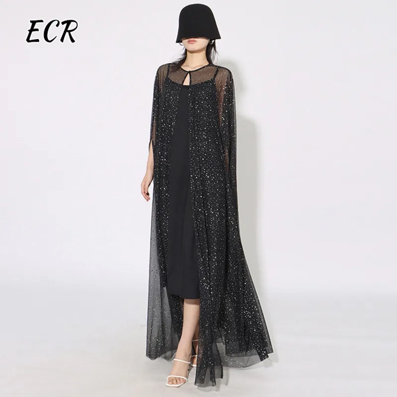 

ECR Temperament Spliced Sequins Dresses For Women Round Neck Long Cloak Sleeve Solid Elegant Long Dress Female Fashion Clothing