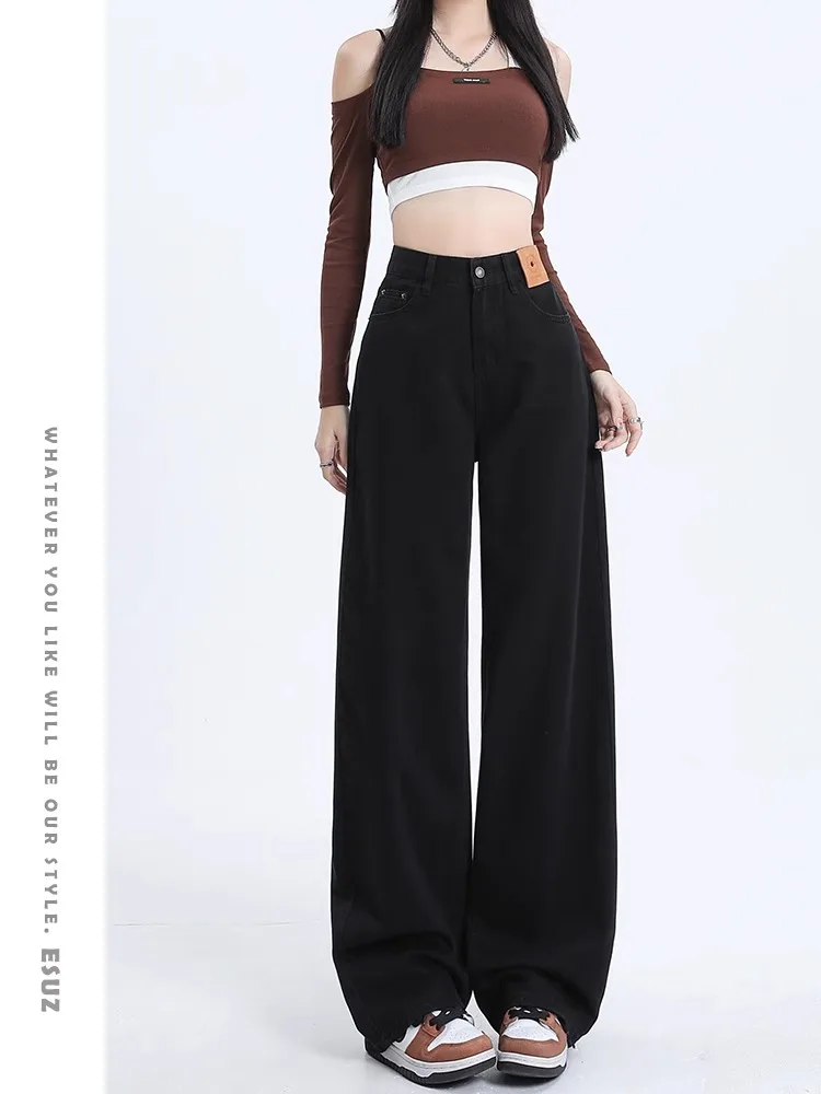 

Black High Waist Wide Leg Denim Jeans Women's Summer New Style Drapey Straight Cut Floor-Length Pants High Street INS Trend