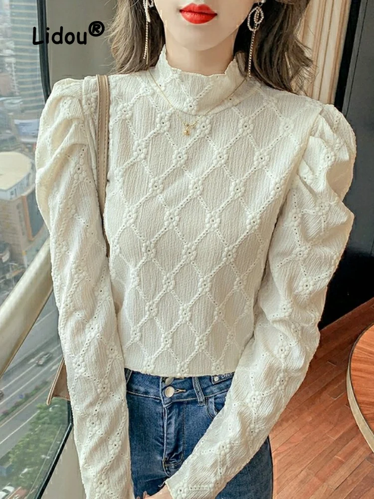 

Fashion Solid Color Hollow Out Lace Blouse Women New Long Sleeve Classic Turtleneck Pleated Casual All-match Pullover Lady Shirt