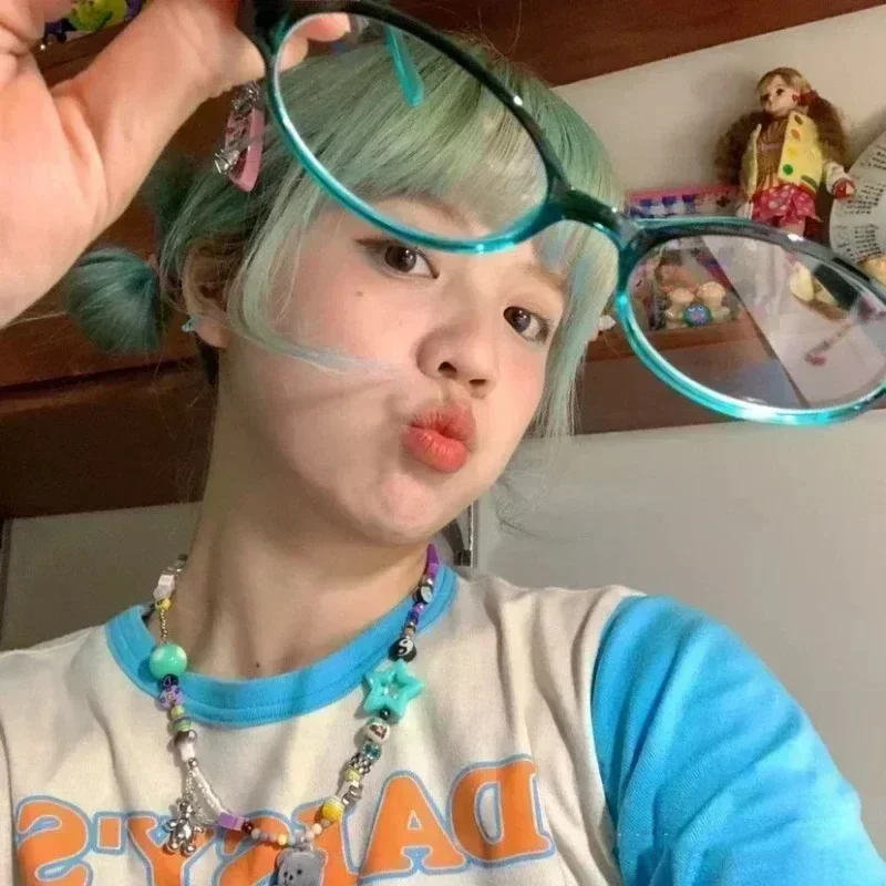 Retro Oval Glasses Women Girls Y2K Red Green Frame Glass Eyewear Decorative Computer Anti-blue Eyeglasses with Seaside Driving