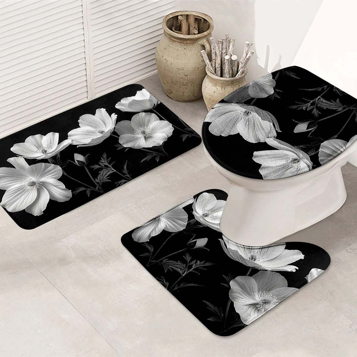 

Набор из 3 стильных черно-белых цветочных ковриков для ванной комнаты, нескользящий, U-образный коврик и чехол на сиденье унитаза — можно стирать в машине
