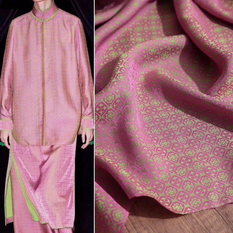 Pink Chinese Style Checkerboard Silk Jacquard Fabric Soft New Chinese Qipao Hanfu Skirt Clothing Design Fabric