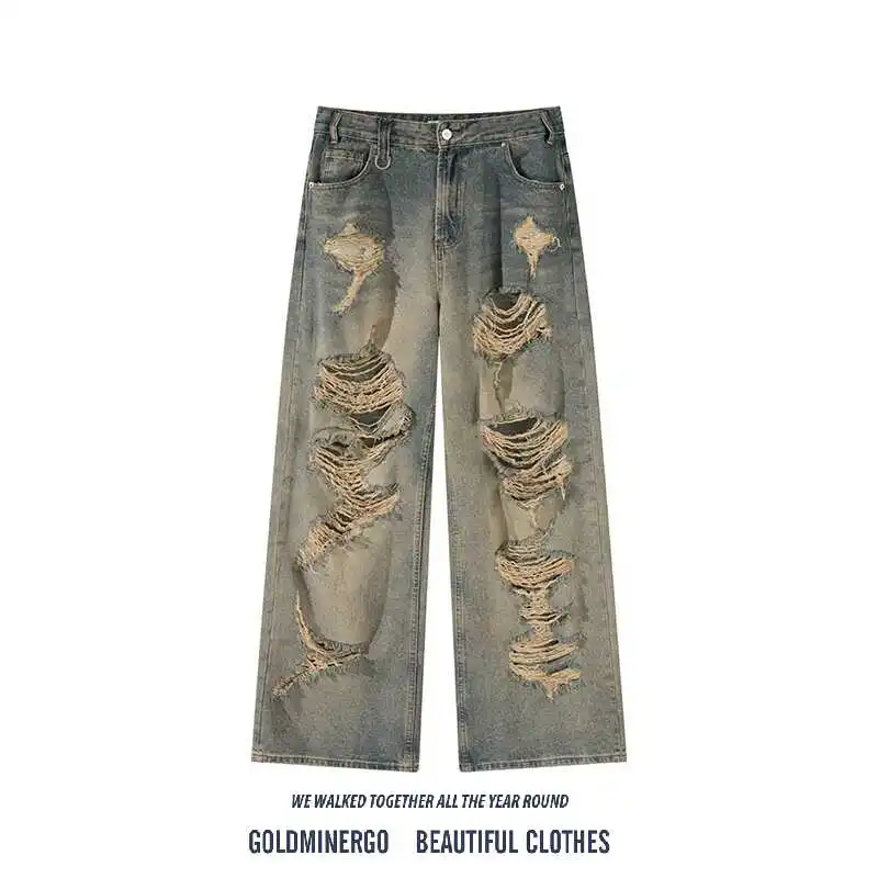 

Мужские джинсы в стиле ретро, широкие, с эффектом потертости, модный дизайн, повседневные джинсы для мужчин