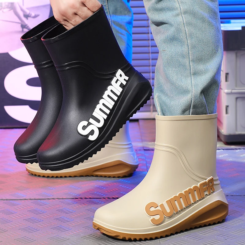 New Windproof Rain Boots Men's Mid-calf Warm Rain Boots Fashion Black Elastic Band Rain Shoes Men Waterproof Outdoor Work Boots