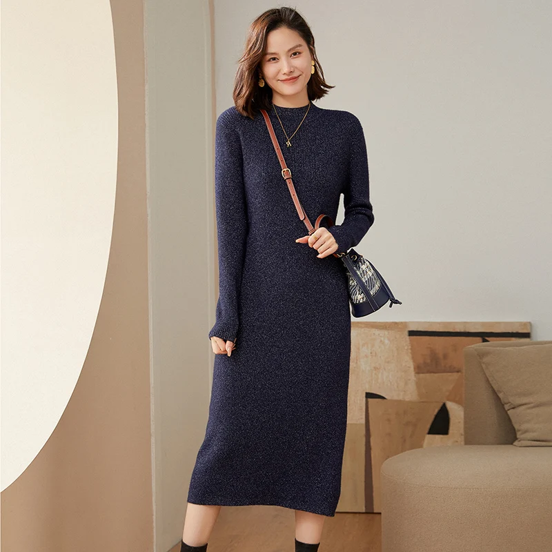 Cashmere Skirt Women's Half High Collar Lengthened Knee Length Autumn and Winter New Knitted Dress Slim Pullover Wool Dress