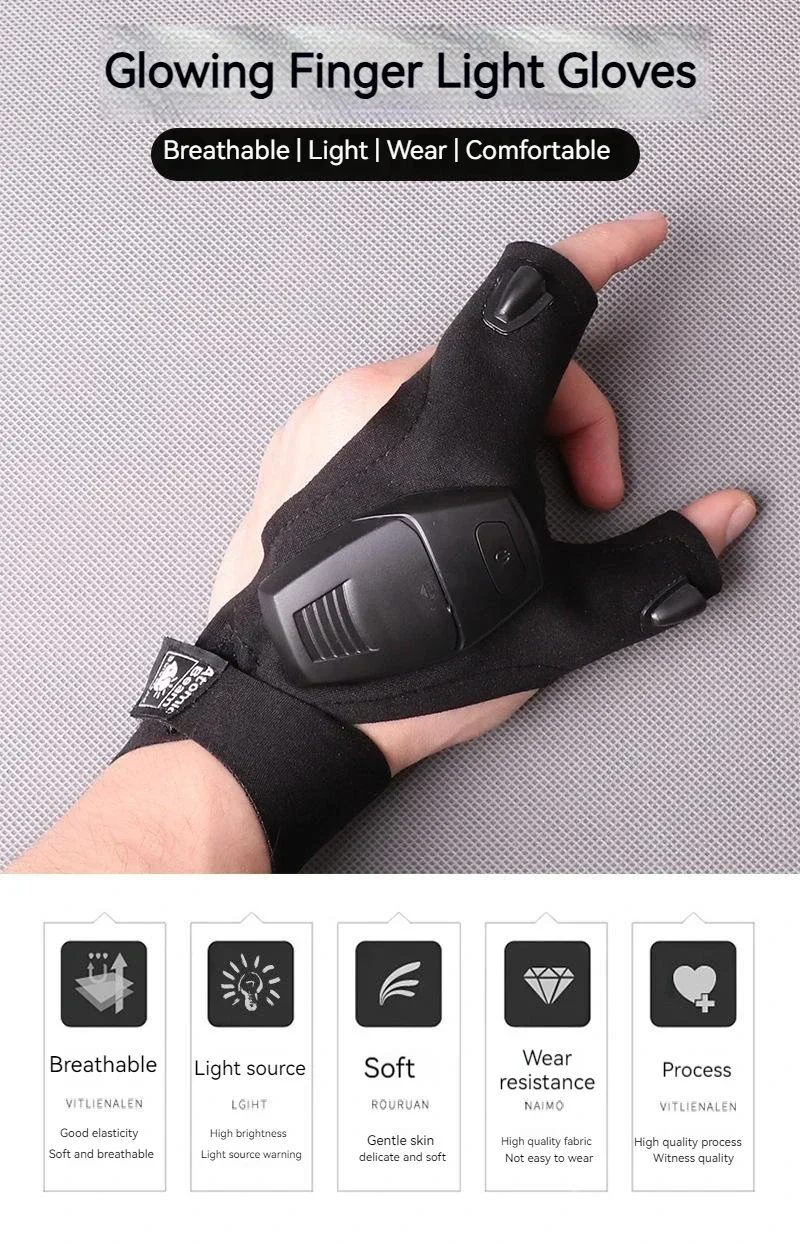 LED Flashlight Fishing Strap Fingerless Gloves Waterproof Cycling Camping Hiking Rescue Glove Lamp Lighting Gloves