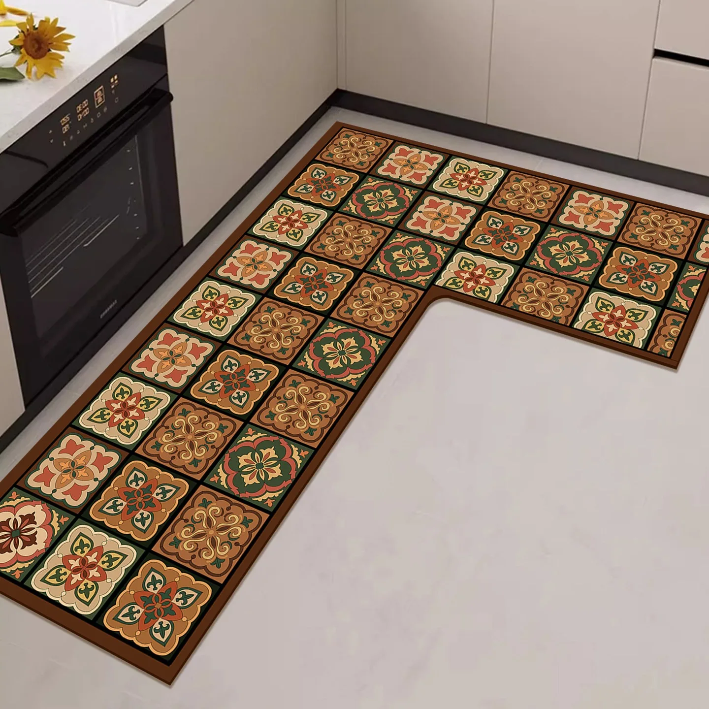 Vintage Kitchen Floor Mat L-shaped Rugs Corner Anti-slip Rug Oil-proof Waterproof Pvc Carpet 주방매트 Alfombras De Cocina שטיח למטבח