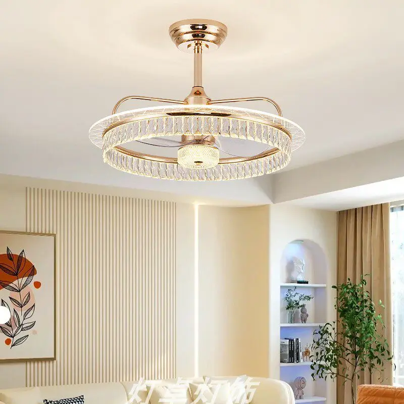 Light luxury crystal living room fan light, modern minimalist and elegant, full-spectrum eye-protection smart master bedroom lig