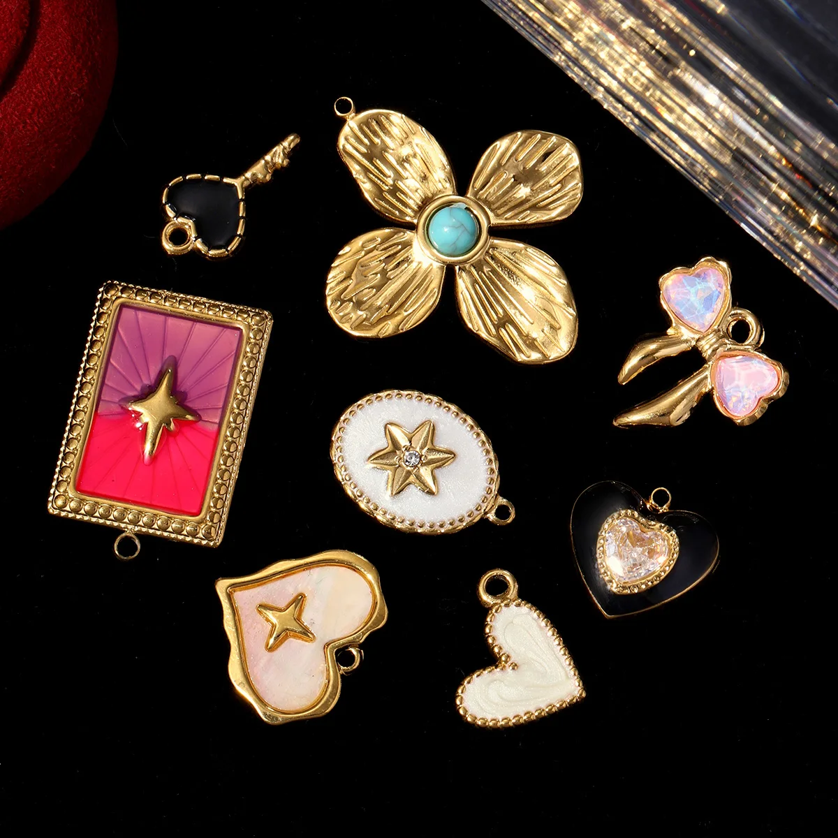 3pcs/Lot Enamel Moon Star Stainless Steel DIY Charm Opalite Bow Love Heart Key Necklace Pendant Woman Bracelet Handmade Jewelry