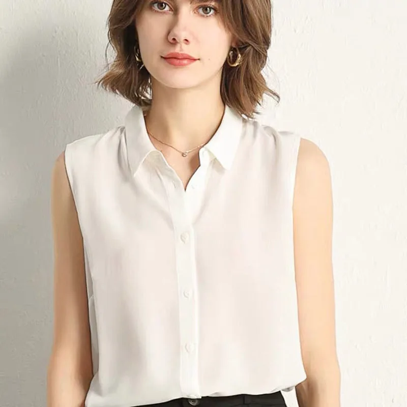 Fashion Solid Color Ventilate Single-breasted Blouse Women Sleeveless Polo Collar Office Casual Loose Temperament Chiffon Shirt