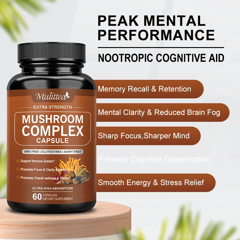 Mulittea 10x Mushroom Complex Mushroom Capsules-Lions Mane Cordyceps for Memory and Focus Relieve Stress and Stabilize Mood