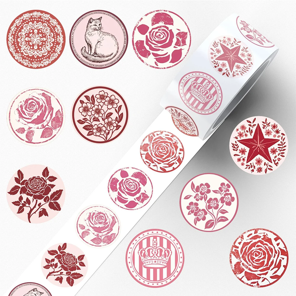 Rouleau d'autocollants de scellage à motif de dessin animé rose, 500 pièces/rouleau, autocollants esthétiques fleur chat, jouets de décoration pour téléphone et carnet de notes, DIY bricolage
