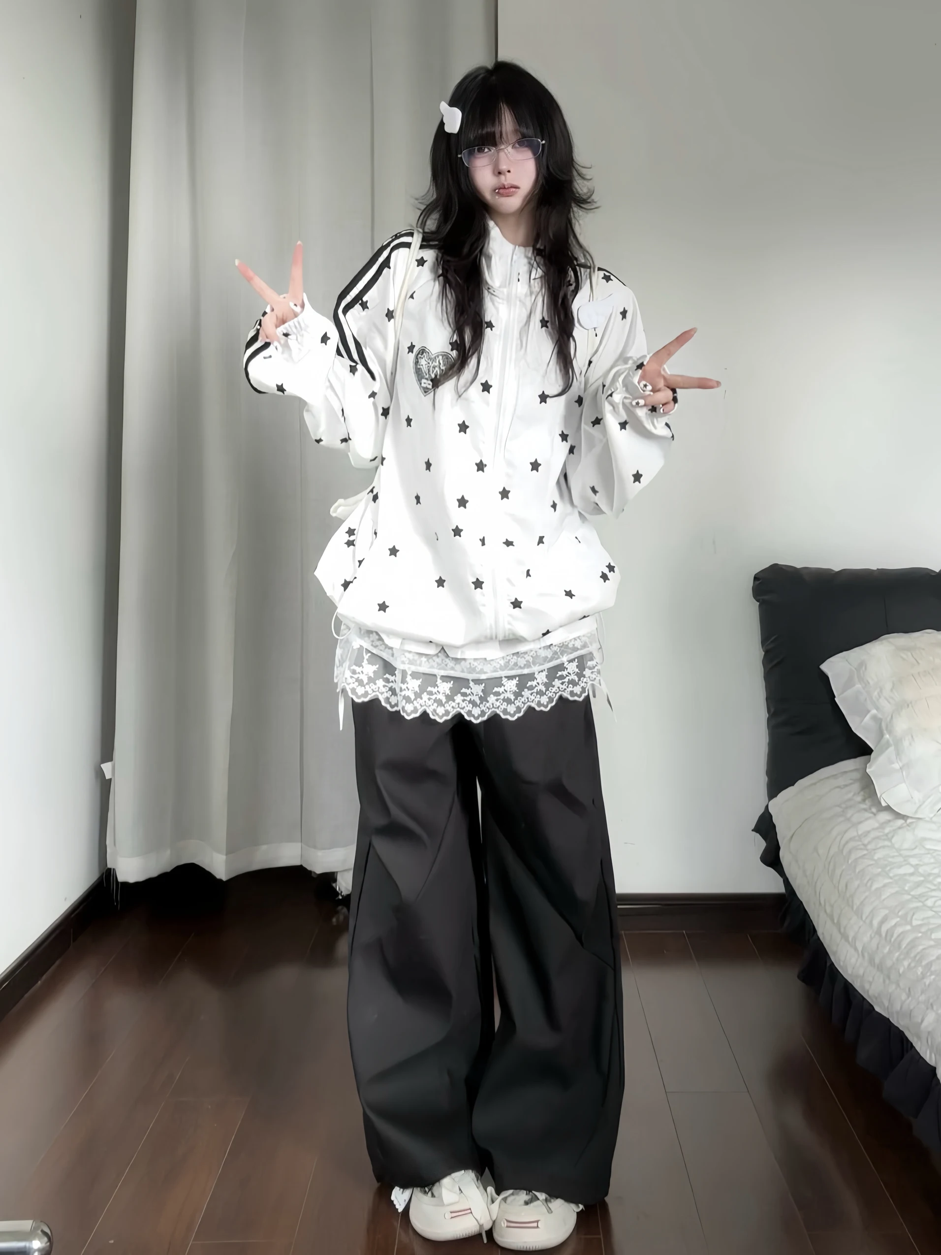 

Retro Star Print Loose Fit UV Protection Jaet ex Summer Casual Long Sve irt Polyester Fiber Zipper Closure Outerwear