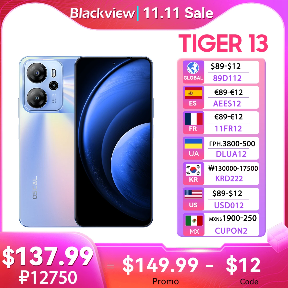 [Мировая премьера] Смартфон Blackview OSCAL TIGER 13 5G с дисплеем 6,67 дюйма, T760, 8 ГБ + 256 ГБ, 50 МП, камера с искусственным интеллектом, мобильный телефон, 5000 мАч, NFC