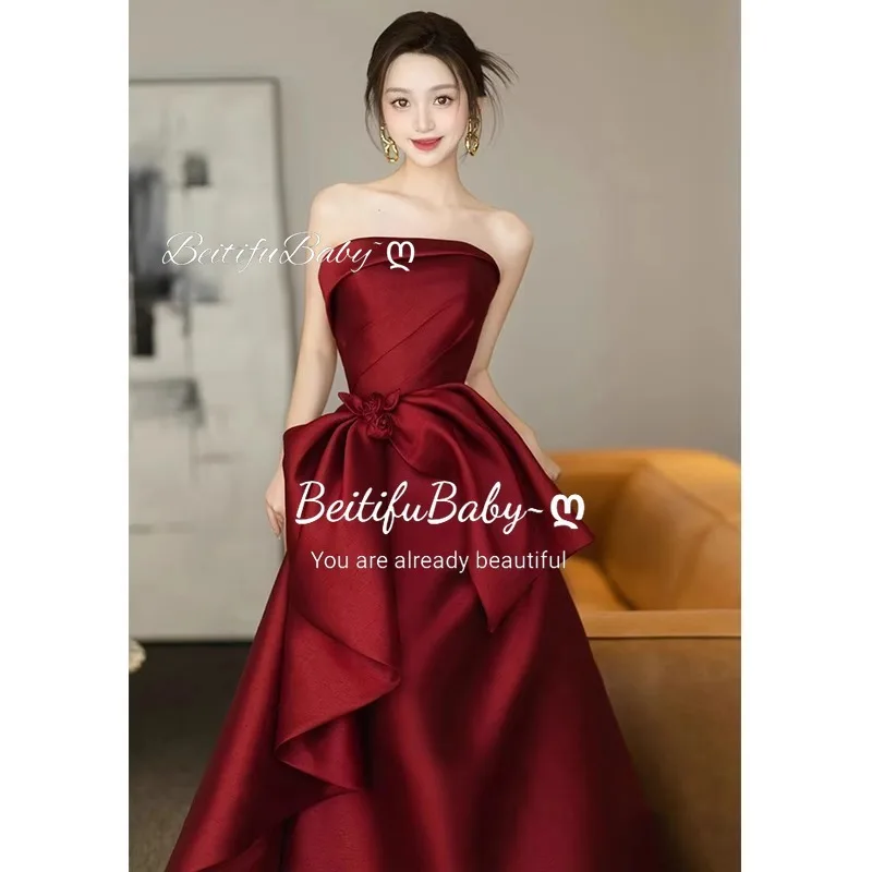 

BeitifuBaby Banquet Gown for Women Evening Dress Strapless Sleeveless Bow Stain Formal Dresses Vestidos Elegantes Para Mujer